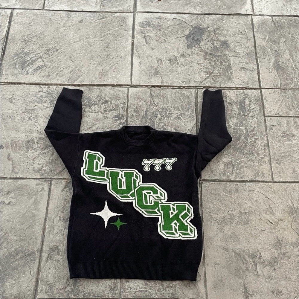 Black 'LUCK' Graphic Sweater with Green & White Accents